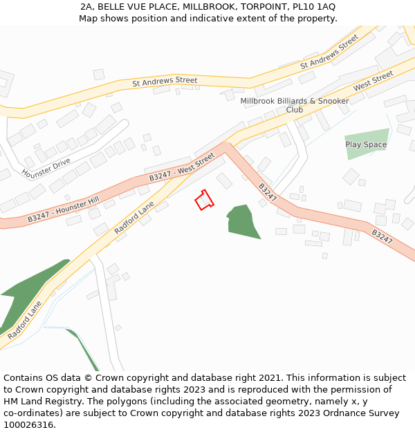 2A, BELLE VUE PLACE, MILLBROOK, TORPOINT, PL10 1AQ: Location map and indicative extent of plot