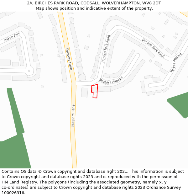 2A, BIRCHES PARK ROAD, CODSALL, WOLVERHAMPTON, WV8 2DT: Location map and indicative extent of plot