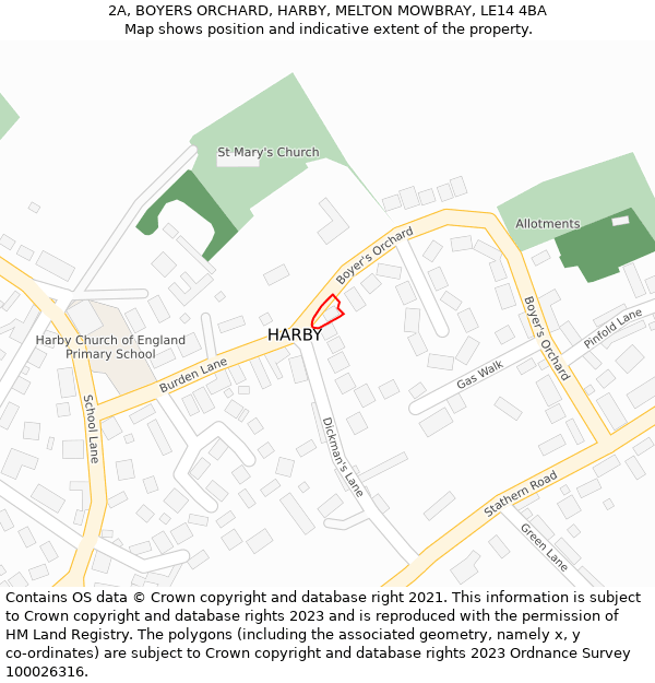 2A, BOYERS ORCHARD, HARBY, MELTON MOWBRAY, LE14 4BA: Location map and indicative extent of plot