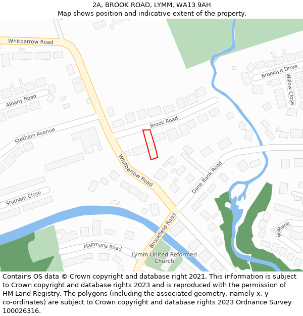 2A, BROOK ROAD, LYMM, WA13 9AH: Location map and indicative extent of plot