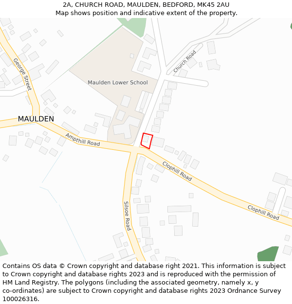 2A, CHURCH ROAD, MAULDEN, BEDFORD, MK45 2AU: Location map and indicative extent of plot