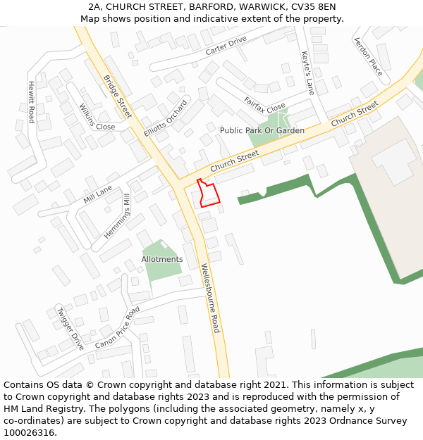 2A, CHURCH STREET, BARFORD, WARWICK, CV35 8EN: Location map and indicative extent of plot