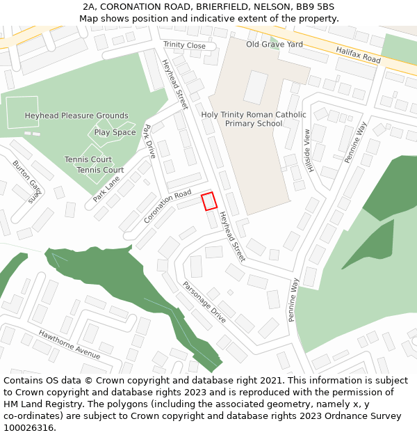 2A, CORONATION ROAD, BRIERFIELD, NELSON, BB9 5BS: Location map and indicative extent of plot