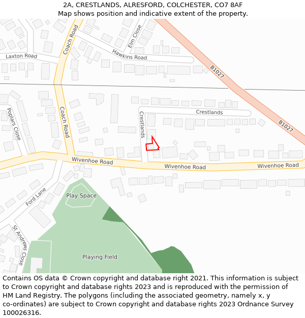 2A, CRESTLANDS, ALRESFORD, COLCHESTER, CO7 8AF: Location map and indicative extent of plot