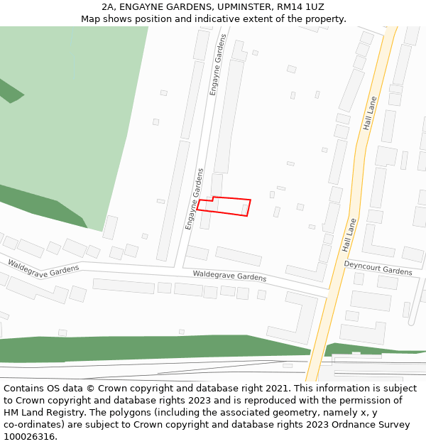 2A, ENGAYNE GARDENS, UPMINSTER, RM14 1UZ: Location map and indicative extent of plot
