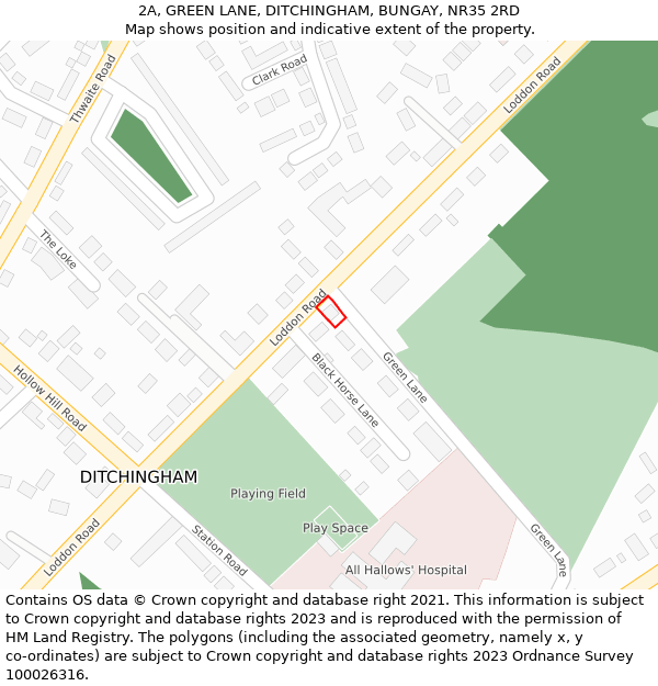 2A, GREEN LANE, DITCHINGHAM, BUNGAY, NR35 2RD: Location map and indicative extent of plot
