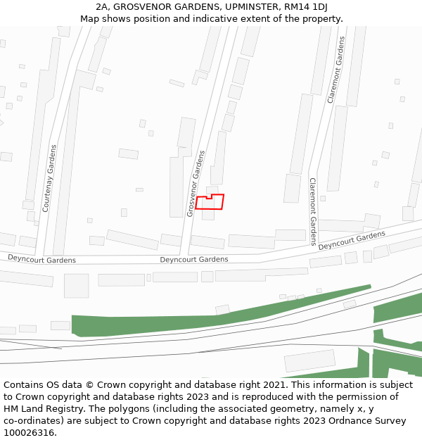 2A, GROSVENOR GARDENS, UPMINSTER, RM14 1DJ: Location map and indicative extent of plot