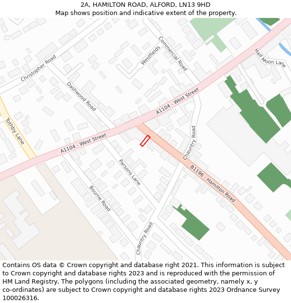 2A, HAMILTON ROAD, ALFORD, LN13 9HD: Location map and indicative extent of plot