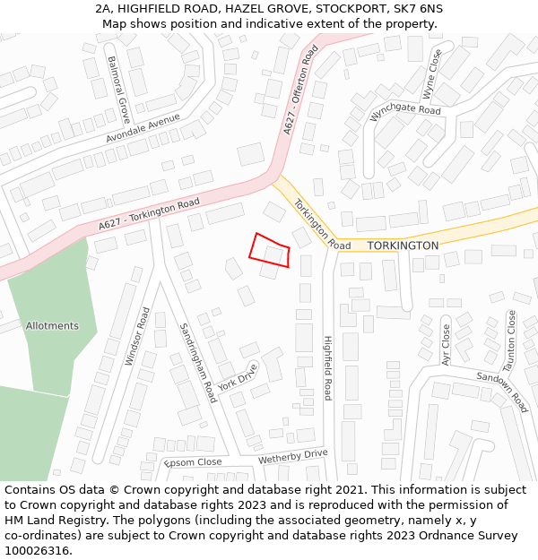 2A, HIGHFIELD ROAD, HAZEL GROVE, STOCKPORT, SK7 6NS: Location map and indicative extent of plot