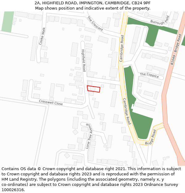 2A, HIGHFIELD ROAD, IMPINGTON, CAMBRIDGE, CB24 9PF: Location map and indicative extent of plot