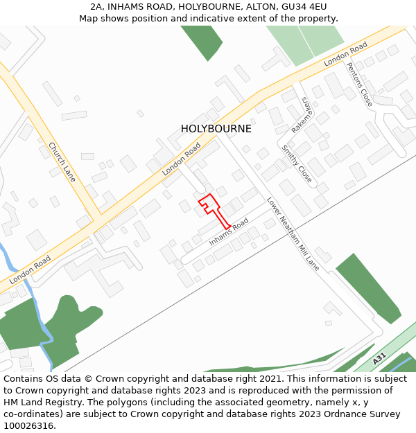 2A, INHAMS ROAD, HOLYBOURNE, ALTON, GU34 4EU: Location map and indicative extent of plot