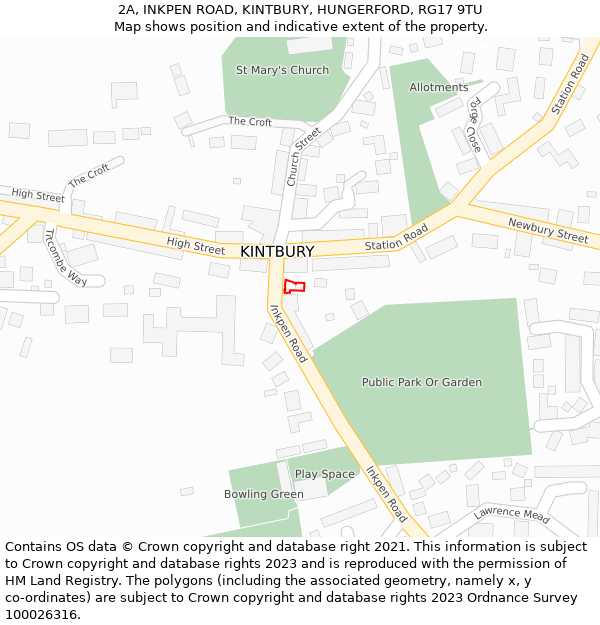 2A, INKPEN ROAD, KINTBURY, HUNGERFORD, RG17 9TU: Location map and indicative extent of plot