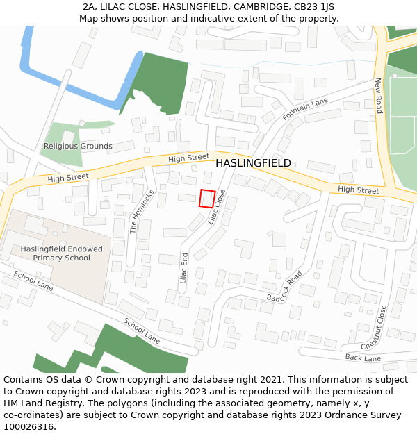 2A, LILAC CLOSE, HASLINGFIELD, CAMBRIDGE, CB23 1JS: Location map and indicative extent of plot