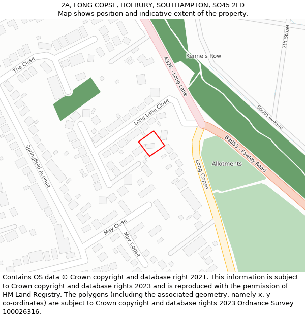 2A, LONG COPSE, HOLBURY, SOUTHAMPTON, SO45 2LD: Location map and indicative extent of plot