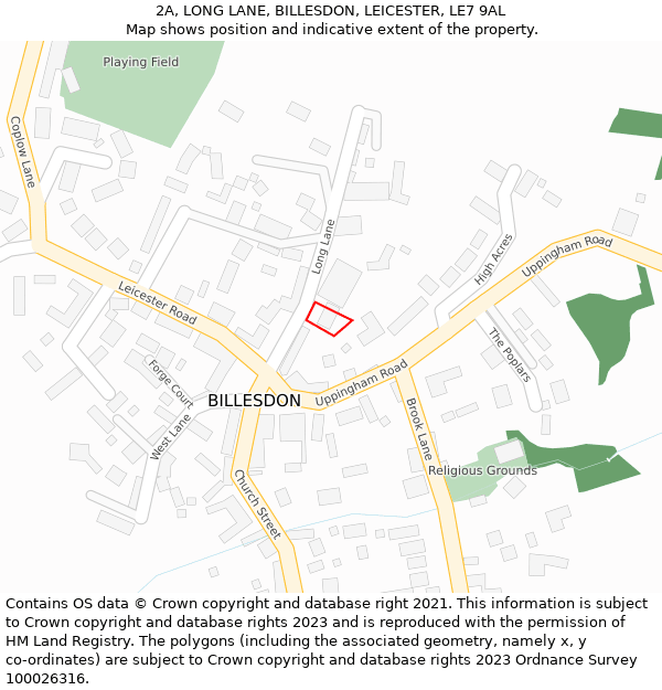 2A, LONG LANE, BILLESDON, LEICESTER, LE7 9AL: Location map and indicative extent of plot