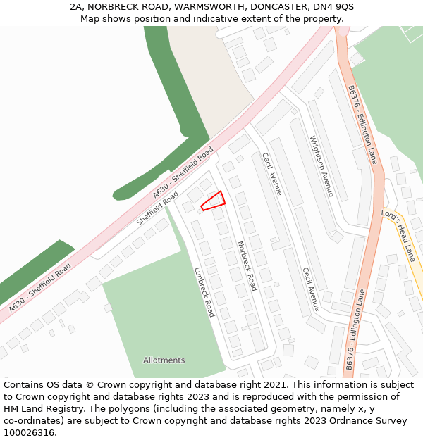 2A, NORBRECK ROAD, WARMSWORTH, DONCASTER, DN4 9QS: Location map and indicative extent of plot