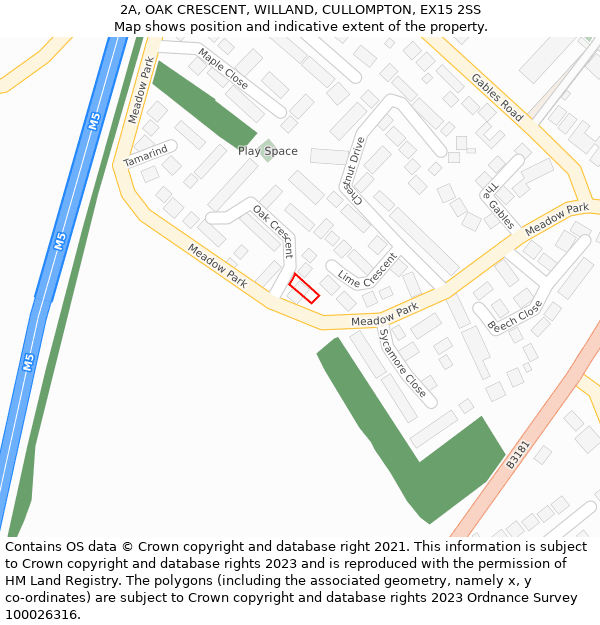 2A, OAK CRESCENT, WILLAND, CULLOMPTON, EX15 2SS: Location map and indicative extent of plot