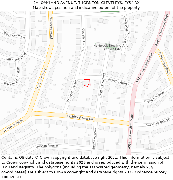 2A, OAKLAND AVENUE, THORNTON-CLEVELEYS, FY5 1RX: Location map and indicative extent of plot