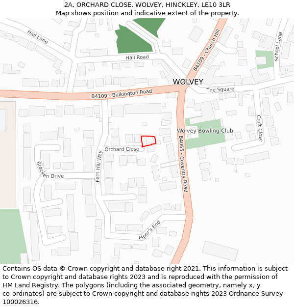 2A, ORCHARD CLOSE, WOLVEY, HINCKLEY, LE10 3LR: Location map and indicative extent of plot