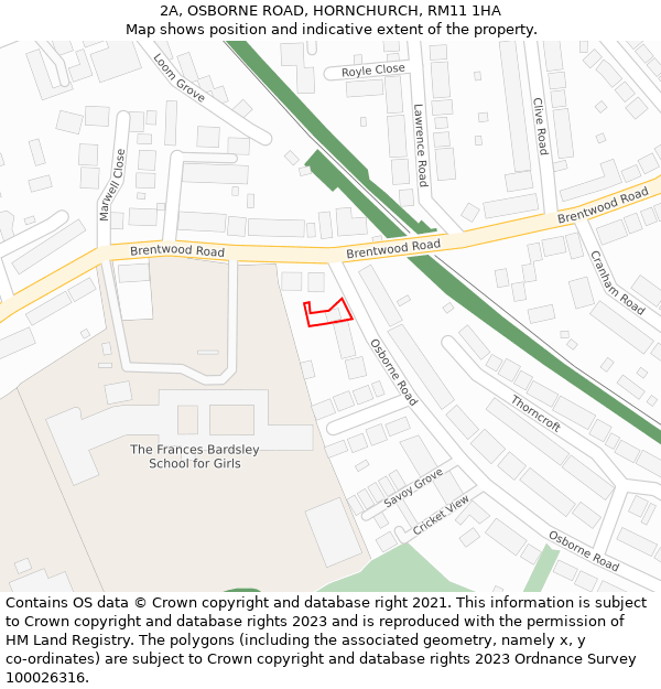2A, OSBORNE ROAD, HORNCHURCH, RM11 1HA: Location map and indicative extent of plot
