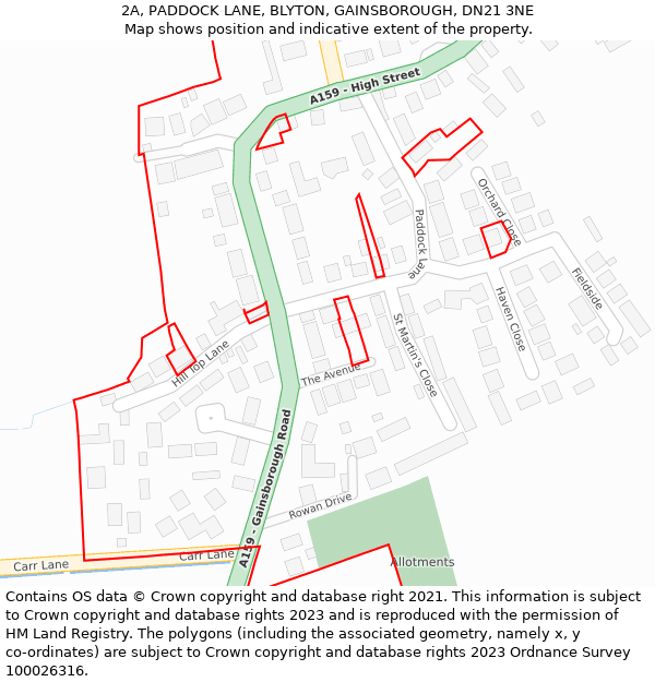 2A, PADDOCK LANE, BLYTON, GAINSBOROUGH, DN21 3NE: Location map and indicative extent of plot