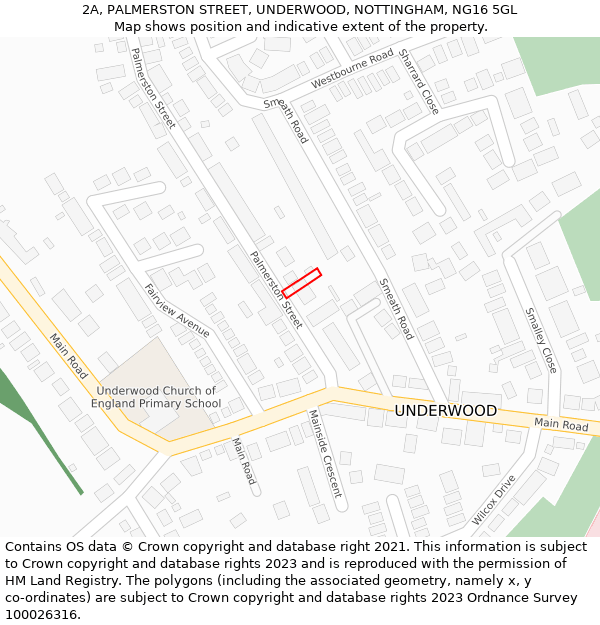 2A, PALMERSTON STREET, UNDERWOOD, NOTTINGHAM, NG16 5GL: Location map and indicative extent of plot