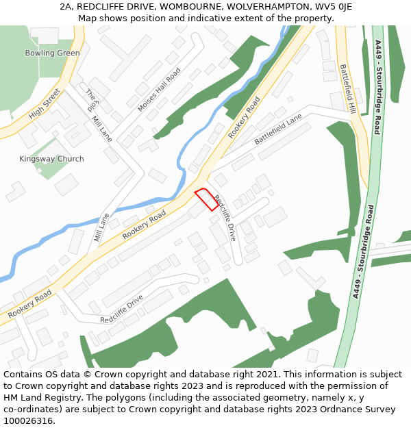 2A, REDCLIFFE DRIVE, WOMBOURNE, WOLVERHAMPTON, WV5 0JE: Location map and indicative extent of plot