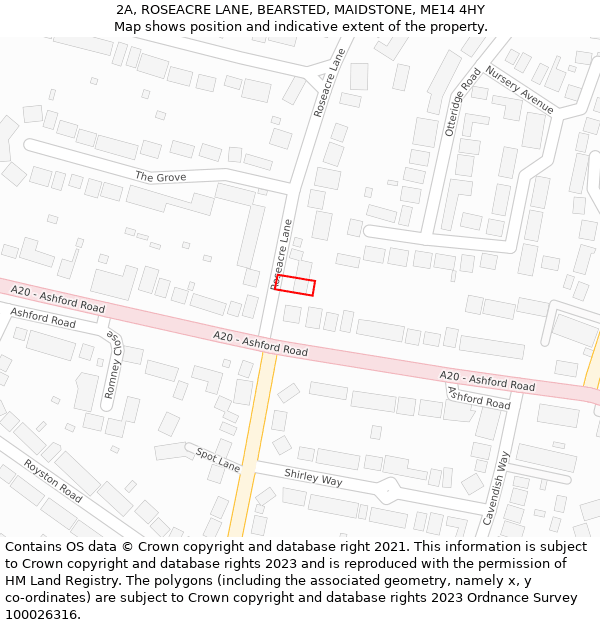 2A, ROSEACRE LANE, BEARSTED, MAIDSTONE, ME14 4HY: Location map and indicative extent of plot