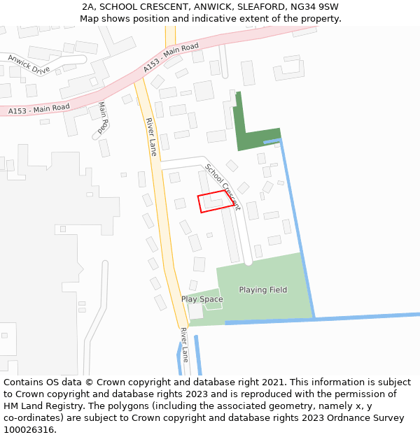 2A, SCHOOL CRESCENT, ANWICK, SLEAFORD, NG34 9SW: Location map and indicative extent of plot