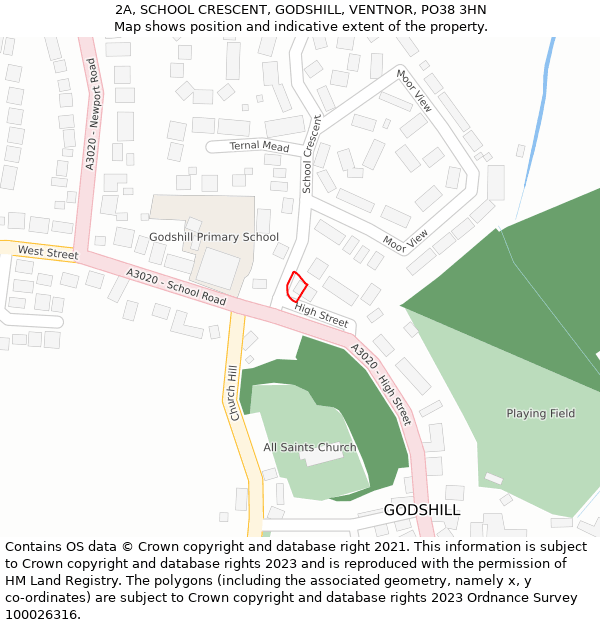 2A, SCHOOL CRESCENT, GODSHILL, VENTNOR, PO38 3HN: Location map and indicative extent of plot