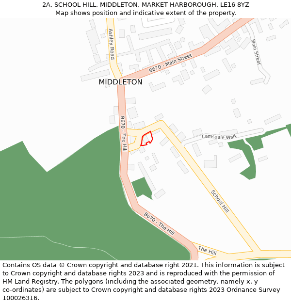 2A, SCHOOL HILL, MIDDLETON, MARKET HARBOROUGH, LE16 8YZ: Location map and indicative extent of plot