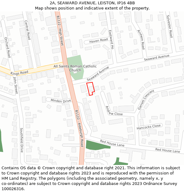 2A, SEAWARD AVENUE, LEISTON, IP16 4BB: Location map and indicative extent of plot