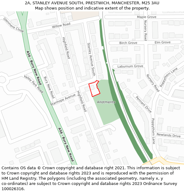 2A, STANLEY AVENUE SOUTH, PRESTWICH, MANCHESTER, M25 3AU: Location map and indicative extent of plot