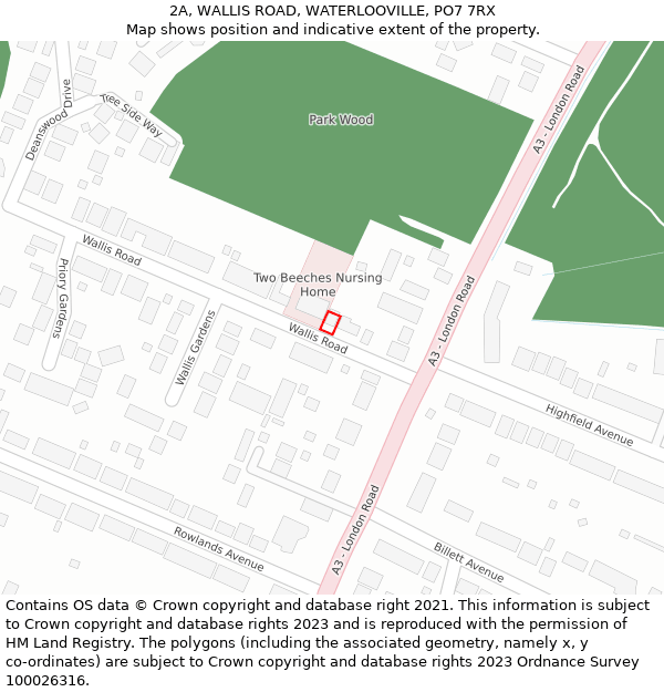 2A, WALLIS ROAD, WATERLOOVILLE, PO7 7RX: Location map and indicative extent of plot