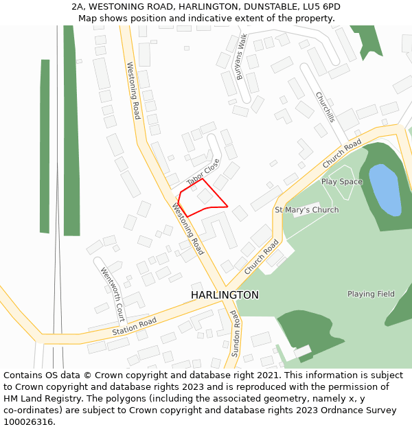 2A, WESTONING ROAD, HARLINGTON, DUNSTABLE, LU5 6PD: Location map and indicative extent of plot