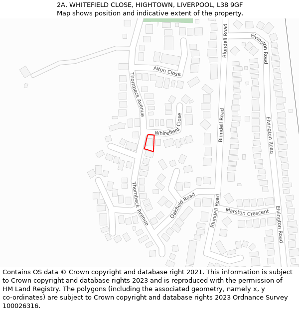 2A, WHITEFIELD CLOSE, HIGHTOWN, LIVERPOOL, L38 9GF: Location map and indicative extent of plot