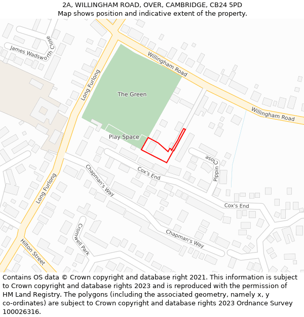 2A, WILLINGHAM ROAD, OVER, CAMBRIDGE, CB24 5PD: Location map and indicative extent of plot