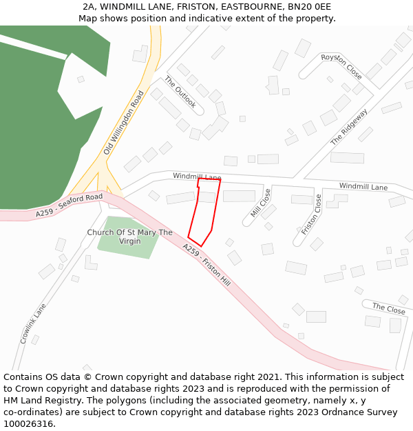 2A, WINDMILL LANE, FRISTON, EASTBOURNE, BN20 0EE: Location map and indicative extent of plot