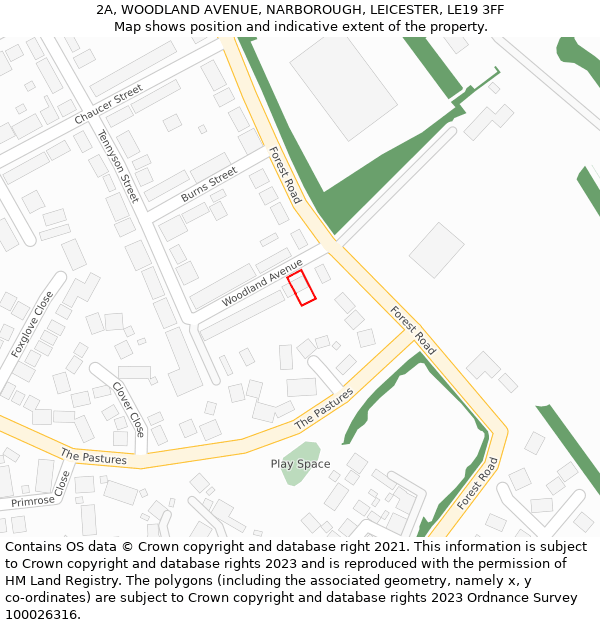 2A, WOODLAND AVENUE, NARBOROUGH, LEICESTER, LE19 3FF: Location map and indicative extent of plot