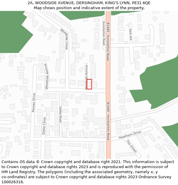 2A, WOODSIDE AVENUE, DERSINGHAM, KING'S LYNN, PE31 6QE: Location map and indicative extent of plot