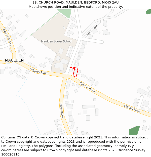2B, CHURCH ROAD, MAULDEN, BEDFORD, MK45 2AU: Location map and indicative extent of plot