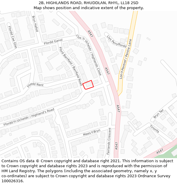 2B, HIGHLANDS ROAD, RHUDDLAN, RHYL, LL18 2SD: Location map and indicative extent of plot