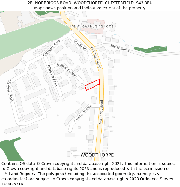 2B, NORBRIGGS ROAD, WOODTHORPE, CHESTERFIELD, S43 3BU: Location map and indicative extent of plot