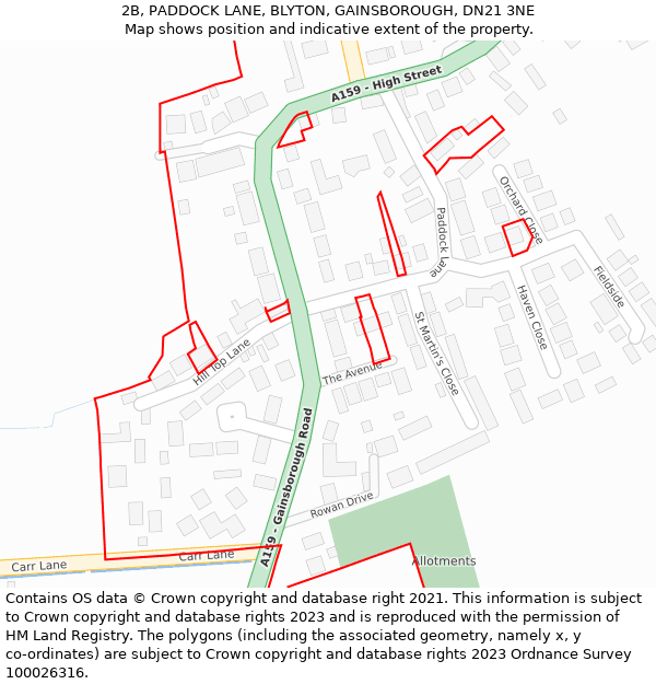 2B, PADDOCK LANE, BLYTON, GAINSBOROUGH, DN21 3NE: Location map and indicative extent of plot