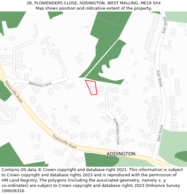 2B, PLOWENDERS CLOSE, ADDINGTON, WEST MALLING, ME19 5AX: Location map and indicative extent of plot