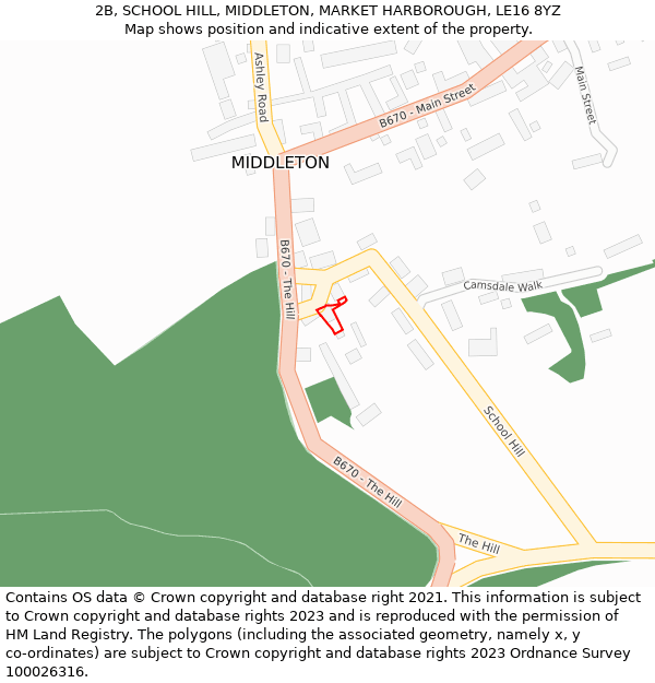 2B, SCHOOL HILL, MIDDLETON, MARKET HARBOROUGH, LE16 8YZ: Location map and indicative extent of plot