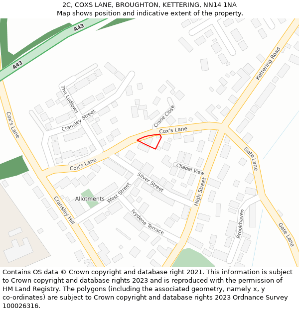 2C, COXS LANE, BROUGHTON, KETTERING, NN14 1NA: Location map and indicative extent of plot