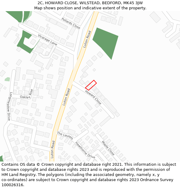 2C, HOWARD CLOSE, WILSTEAD, BEDFORD, MK45 3JW: Location map and indicative extent of plot