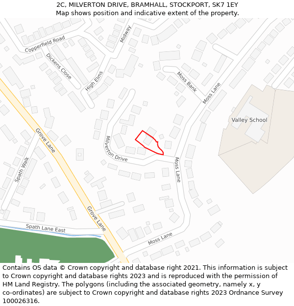 2C, MILVERTON DRIVE, BRAMHALL, STOCKPORT, SK7 1EY: Location map and indicative extent of plot
