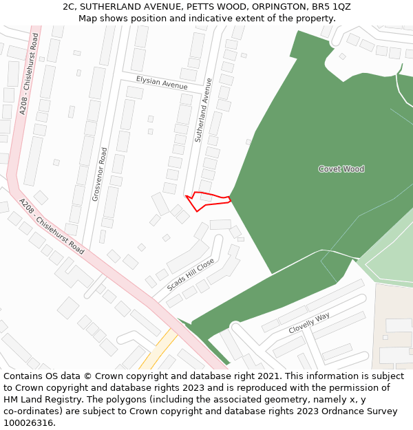 2C, SUTHERLAND AVENUE, PETTS WOOD, ORPINGTON, BR5 1QZ: Location map and indicative extent of plot